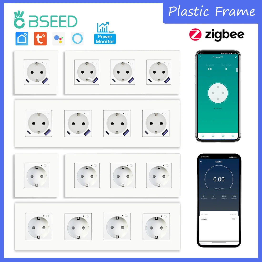BSEED Zigbee Smart AC Steckdose EU Steckdosen mit USB Typ-c Schnellladeanschlüssen Tuya Smart Life Alexa App Kunststoffrahmen Weiß.