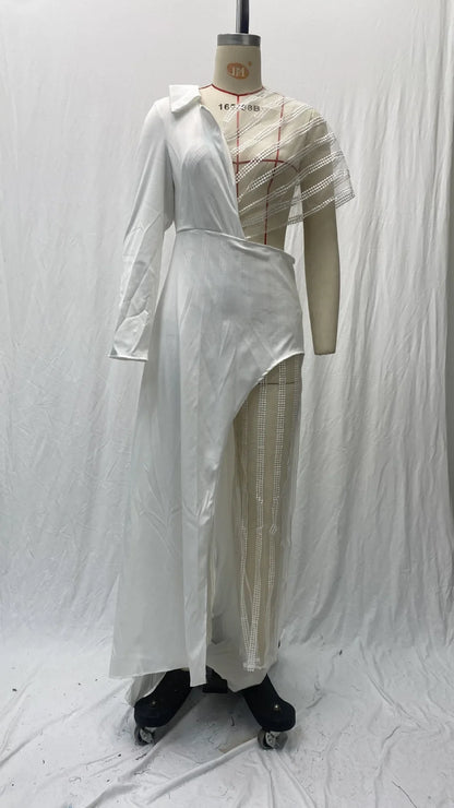 2024 Spring New Women's Clothing Amazon V-Neck Lace Irregular Gown Jumpsuit Colorful Blocks Inverted Pleated Prom Gowns.