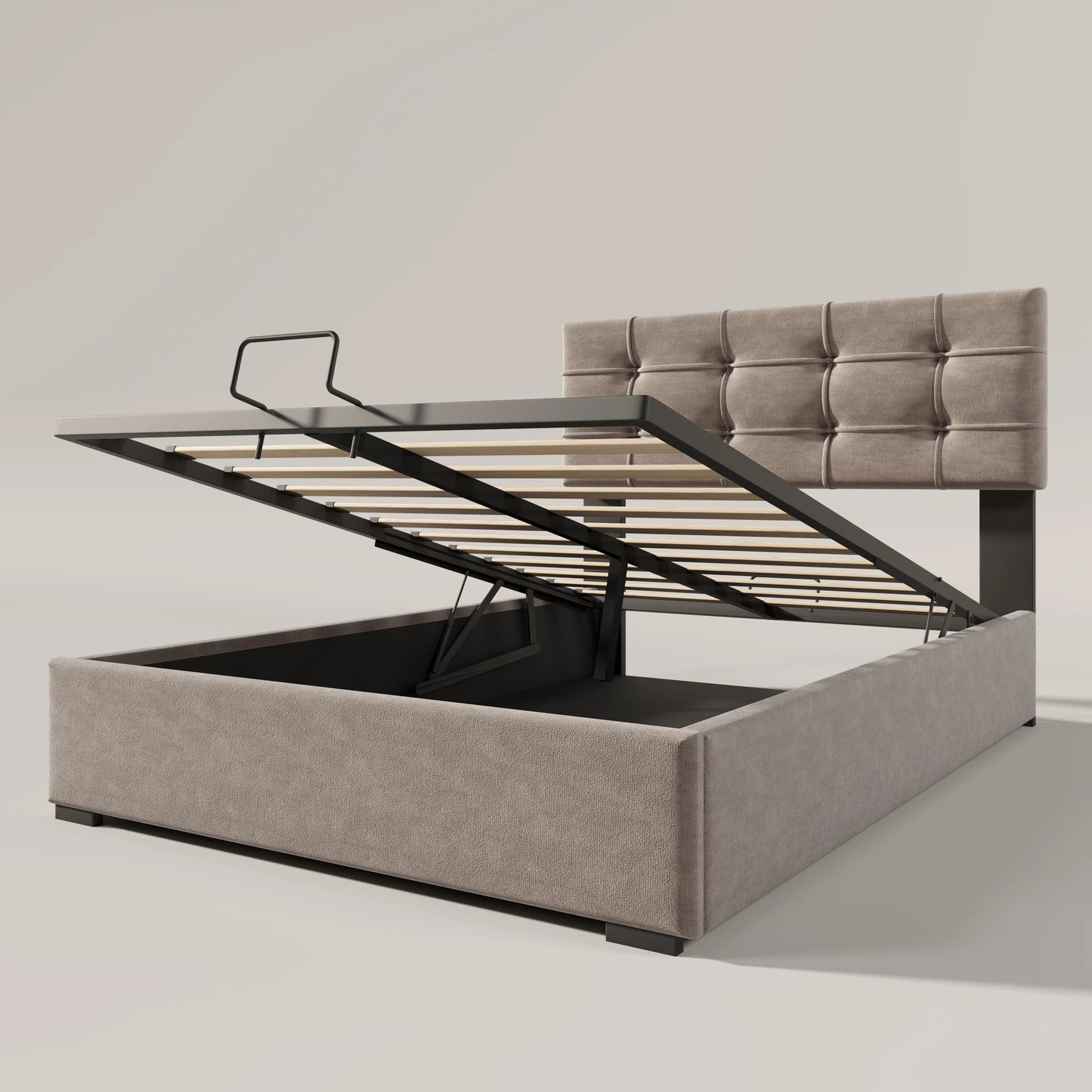 KOMHTOM Hydraulisch Polsterbett Hellgrau - Verstellbares Kopfteil, Metallrahmen-Lattenrost, mit Stauraum, Samtbezug