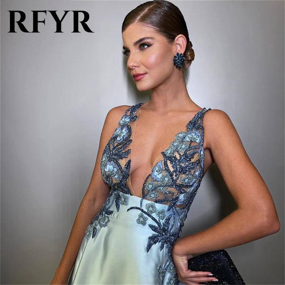 RFYR Spaghettiträger Blaue formelle Kleider Tiefer V-Ausschnitt Partykleid für Hochzeit Applikationen Spitze Kleider für besondere Anlässe Maßgeschneidert.