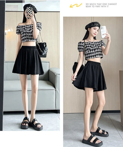 Women Quick Dry Sporty Short Pants Summer Thin Pleated Shorts Skirts High Waist A- Line Five Quarter Pants Cool Wide Leg Pants