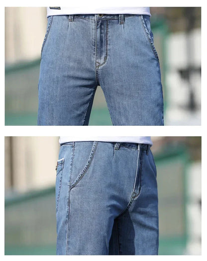 2025 sommer Neue männer Lose Grau Jeans Mode Lässig Stretch Gerade bein Denim Hosen Männlich Hellblau männer Hosen