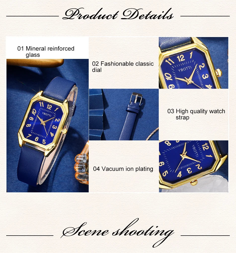Luxury Fashion Square Women's Watches Brand Ladies Quartz Wristwatch Classic Simple Femme Blue Leather Band Relogio Feminino.
