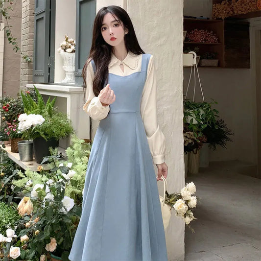 Solide Patchwork Vierkant hals Langarm gefälschte zweiteilige Kleider elegante Mode Harajuku weibliche Kleidung lässig alle Match Rock