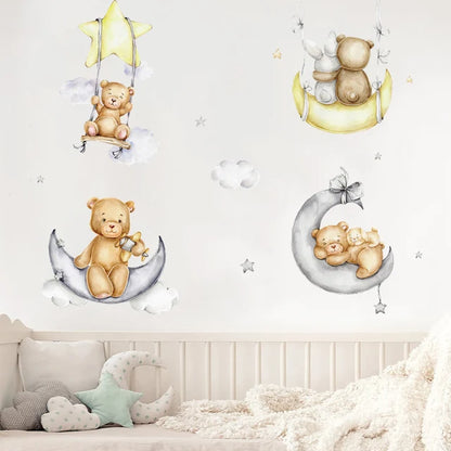 Cute Bear Moon Star Wall Stickers for Kids Rooms Girls Boys Baby Room Decoration Kawaii Cartoon Animal Nursery Wallpaper Vinyl