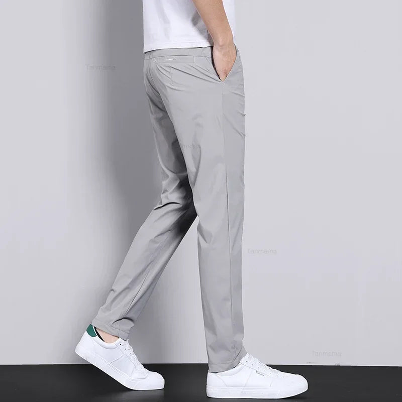 Ultra-thin Elastic Men's Casual Trousers Summer Quick-drying Ice Silk Slim Straight Business Solid Color Trousers Black Gray.