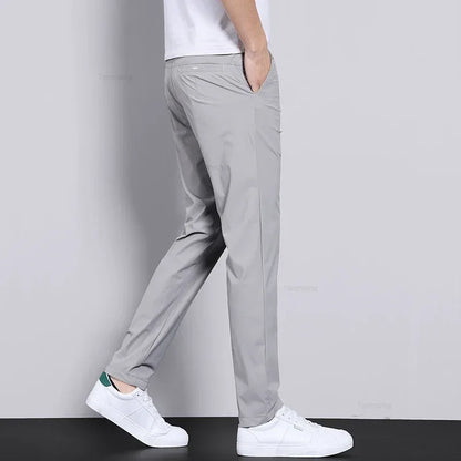 Ultra-thin Elastic Men's Casual Trousers Summer Quick-drying Ice Silk Slim Straight Business Solid Color Trousers Black Gray.