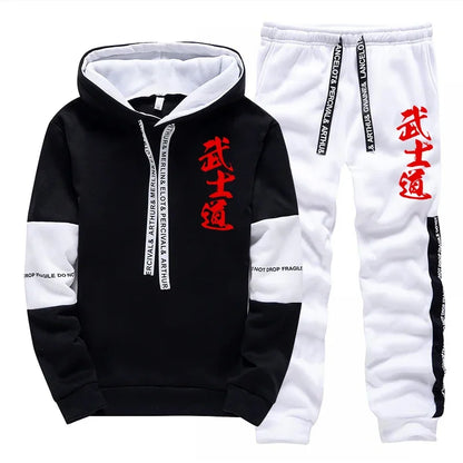 Japanese Bushido Print Hoodie Sweatpants Men's Tracksuit Autumn Winter Daily Casual Sporty Jogger Set Urban Fashion Sportswear.