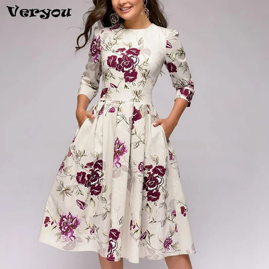 2023 frühling AutumnOffice Dame Knie Länge Elegante Vintage Langarm Party Kleider Frauen Floral Bedruckte Kleid Neue