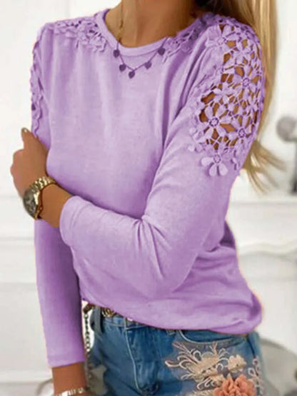 Women Autumn Solid T Shirt Lace O Neck Long Sleeve Female Casual Loose Plus Size Blouse Tops 3Xl.