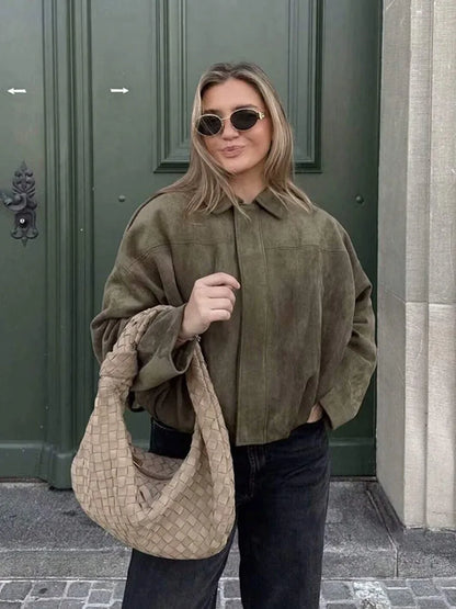 TRAFZA Damen-Jacke mit Wildleder-Textur, High Street, lange Ärmel, Umlegekragen, elastischer Reißverschluss, Knopfleiste, solider, trendiger Frühlingsmantel