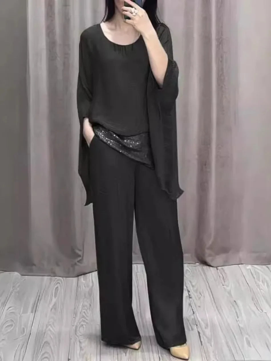 Fashion 2 Piece Set Party Outfits New Spring Summer Elegant Women's Suit Casual Bat Wing Sleeve Blouse Top with Wide Leg Pants.