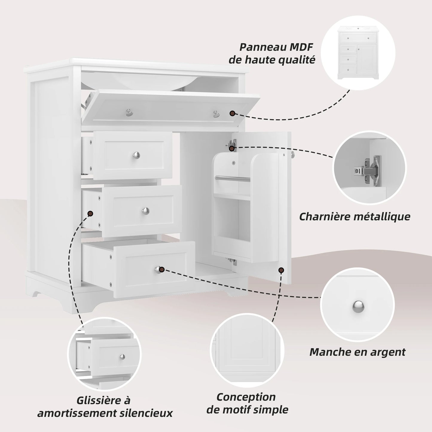 76 x 46 x 87 cm große Badezimmertheke, geräuscharme Schubladenführung, Klappschublade, Keramikwaschbecken, Keramikwaschmaschine, Weiß