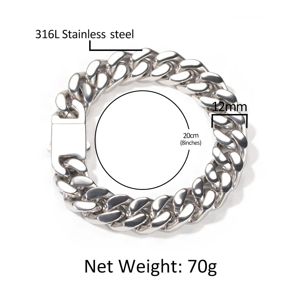 316 Stainless Steel Plated 18k Gold Fashion 8.10.12mm Encrypted Cuban Chain Miami Rap Hip Hop Men's Bracelet Accessory.