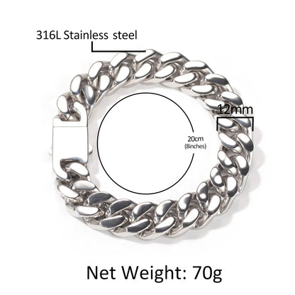 316 Stainless Steel Plated 18k Gold Fashion 8.10.12mm Encrypted Cuban Chain Miami Rap Hip Hop Men's Bracelet Accessory.