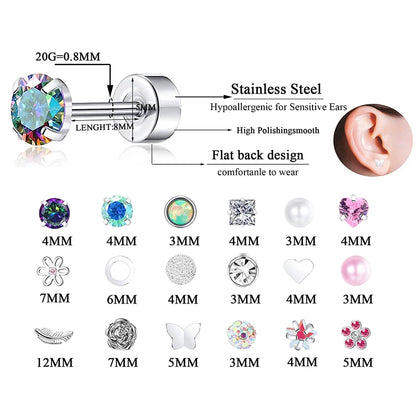 2PCS/Set Stainless Steel Heart Moon Earbone Stud Screw Ball Stud Earrings for Women Fashion Ear Tragus Cartilage Body Piercing.