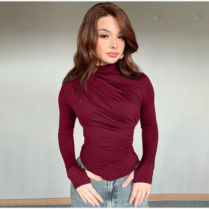 Turtleneck Women Tees Sexy Slim Long Sleeve Pleated All-match Basic Lady T-shirts Spring Autumn Fashion Chic Female Top 2025.