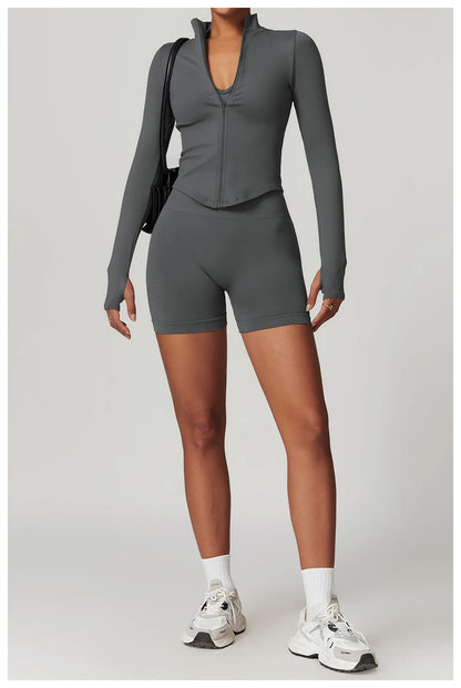 Ctenkevet Women Slim High Neck Jacket Sports Suit Female Two Piece Yoga Clothes Sport Outfit For Woman Buttock Lift Sports Suit.