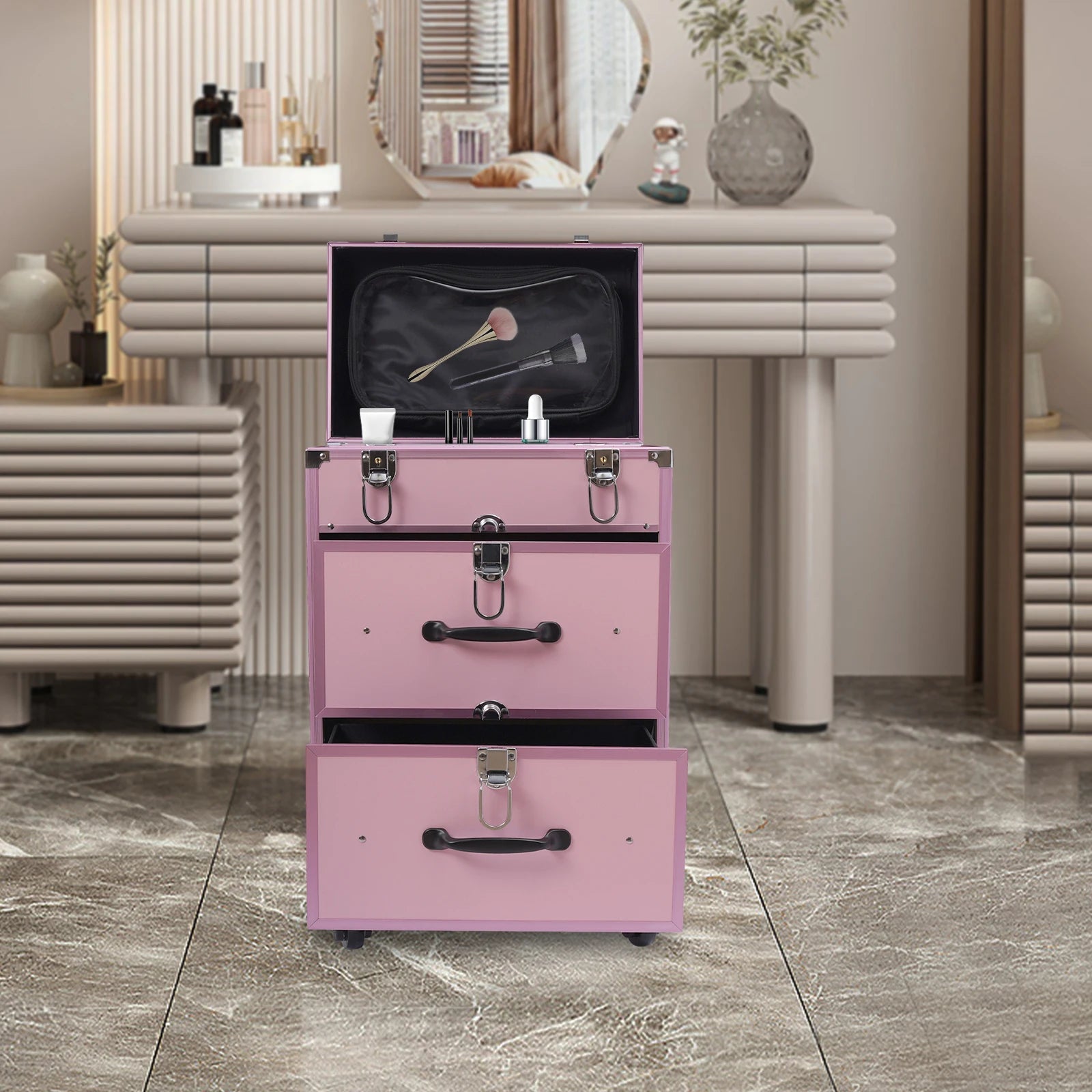 3 in 1 Rolling Makeup Case with Drawer, Large Makeup Case Organizers, Profesional Cosmetic Case for Salon Barber, Light Pink.