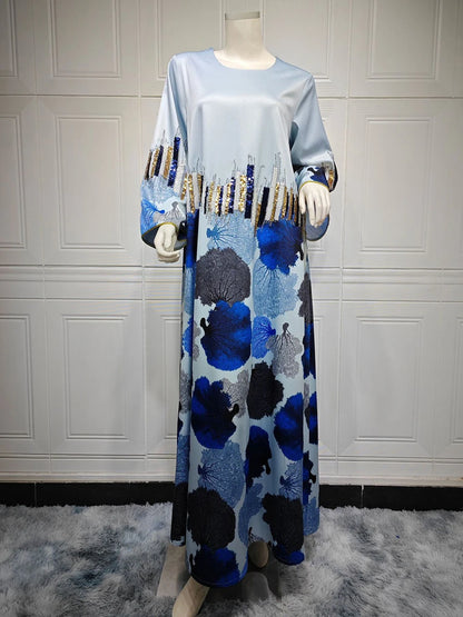 Siskakia Arab Saudi Printing Sequins Long Dresses Galabia Muslim Eid Women Abayas Islam Clothing Turkish African Kebaya 2024 New