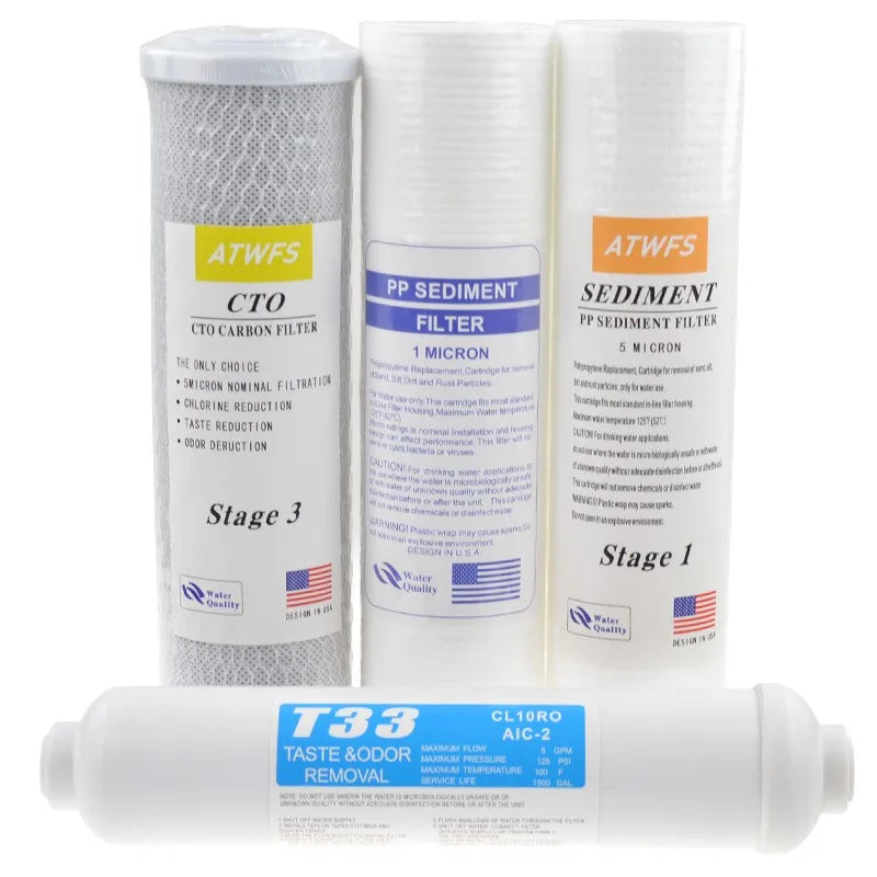 ATWFS 10" Universal PP Sediment / 5 Micron / 1 Micron PP Cotton+CTO Carbon Filter+T33 Reverse Osmosis System UF Water Treatment