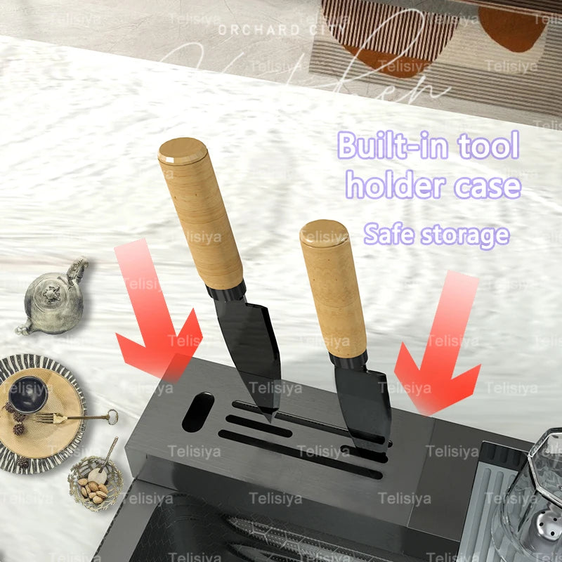 Stainless Steel Kitchen Sink Multifunctional Digital Display Dishwash Sinks Waterfall Large Single Slot Wash Vegetables Basin