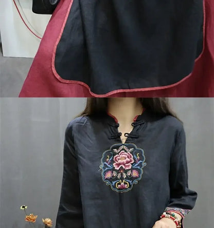Damen-Bluse im Vintage-Stil aus Baumwolle und Leinen, mittellang, siebte Ärmel, Stickerei, ethnischer Rock mit lockerer Passform, chinesischer Stil.