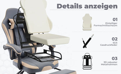 WOTSTA Gaming-Stuhl mit Fußstütze, Gamer-Stühle, ergonomisch, mit Lendenkissen, Kopfstützenstuhl, höhenverstellbarer Computerstuhl