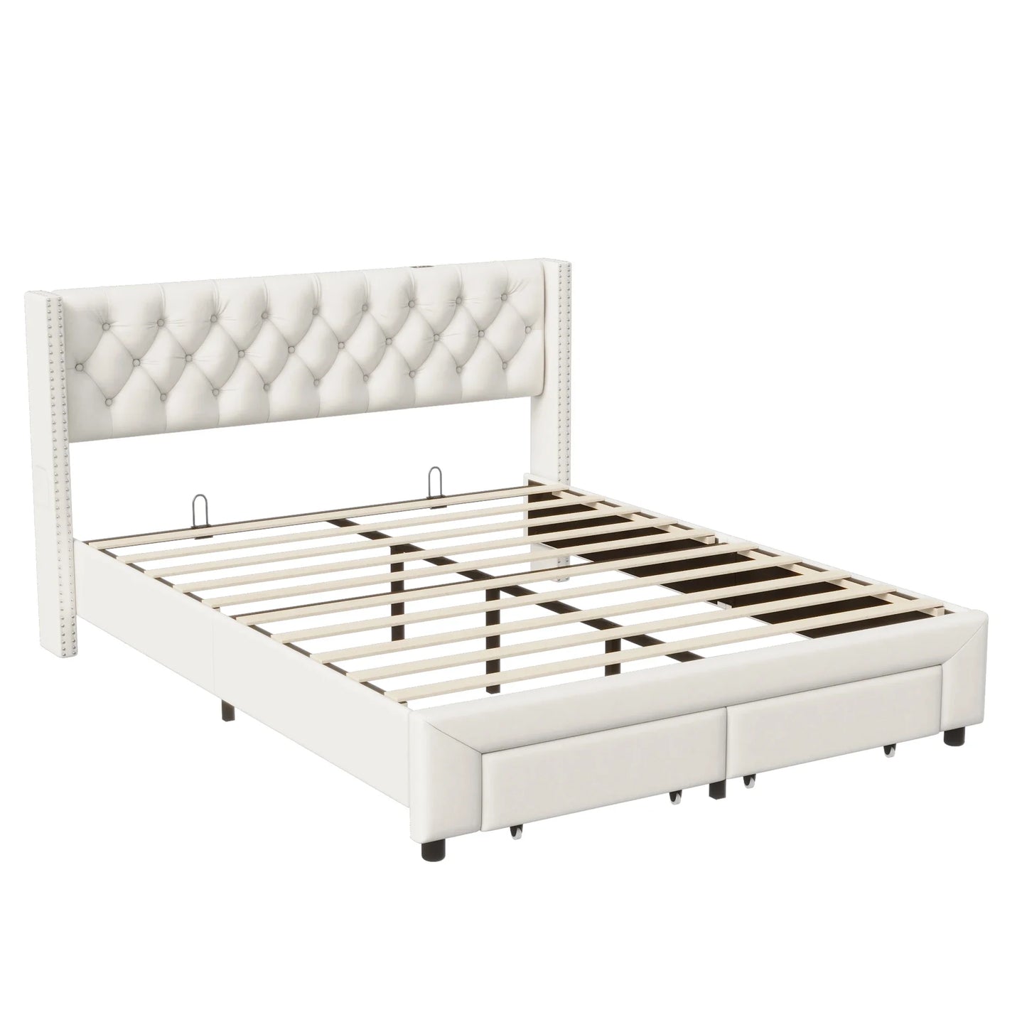 Lazyspace Samtpolsterbett, Doppelbett mit LED-Beleuchtung und USB, hydraulischer Bettrahmen mit Stauraum und 2 Schubladen