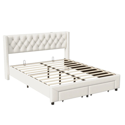 Lazyspace Samtpolsterbett, Doppelbett mit LED-Beleuchtung und USB, hydraulischer Bettrahmen mit Stauraum und 2 Schubladen