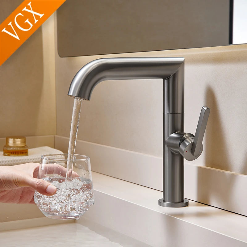 VGX Bathroom Faucets Stainless Steel Basin Mixer Sink Faucet Gourmet Washbasin Tapware Hot Cold Water Tap Brushed Gold Grey