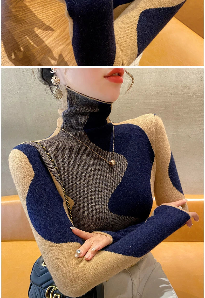 Women Clothing Vintage Fashion Slim Turtleneck Sweaters Autumn Winter Elegant Chic Patchwork Knit Pullovers Office Lady Tops.