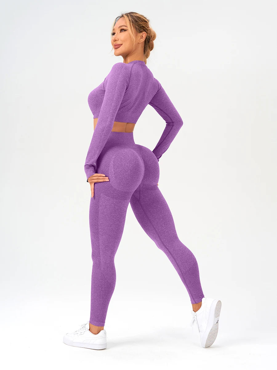 2 pcs/set Long Sleeve Yoga Leggings Set Sportswear Woman Gym Seamless Workout Outfit Yoga Clothes Womens Tracksuit Activewear.