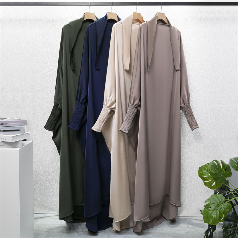 Muslimische Abaya mit Kapuze, Smockärmel, einteiliges Gebetskleid, Damen, Jilbab, islamische Kleidung, Dubai, Saudi-Arabien, schwarze Robe, türkische Bescheidenheit.