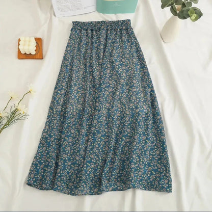 Gidyq Women Chiffon Midi Skirt Korean Fashion Floral Loose Skirts High Waist Female Casual All Match A Line Skirts Summer New.
