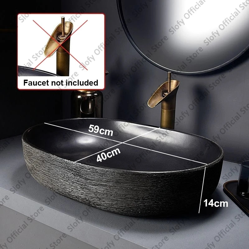 Retro-Kunst-Keramikwaschbecken, mehrere Stile, schwarzes Waschbecken, Einzelschüssel, Low-Key-Luxus-Aufsatzwaschbecken für Haushalt, Hotel, Badezimmer