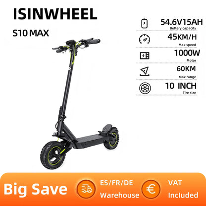 Isinwheel S10 Max Adult Electric Scooter 10 inches Off-Road Pneumatic Tires Foldable City Electric Scooter 1000W 48V15Ah Battery.