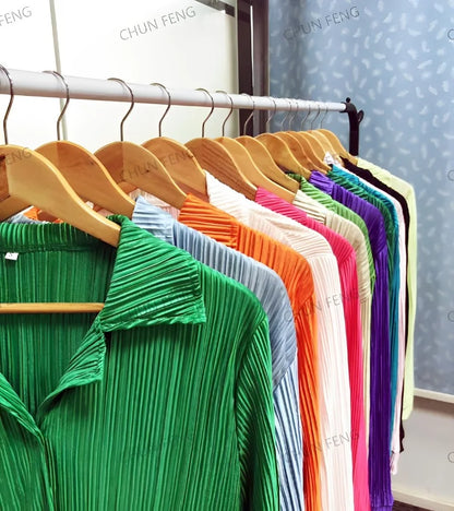 2024 Spring Autumn Women's New Solid Color Button Shirt Long Sleeve Drop Feel Loose Soft Wrinkle Casual Two Piece Set.