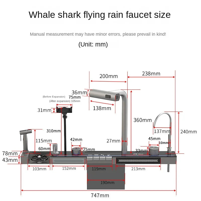 Kitchen 304 Stainless Steel Waterfall Sink, Large Single Slot, Digital Display Embossed Washing Basin Household Dishwashing Sink