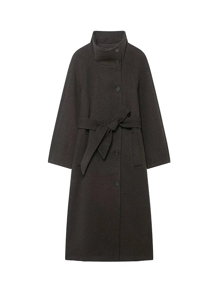 TFMLN Lange Mäntel für Damen mit Stehkragen, 2025, Winter, neuer Trenchcoat mit Gürtel, Vintage, einfache Oberbekleidung, elegante Mode, weiblich