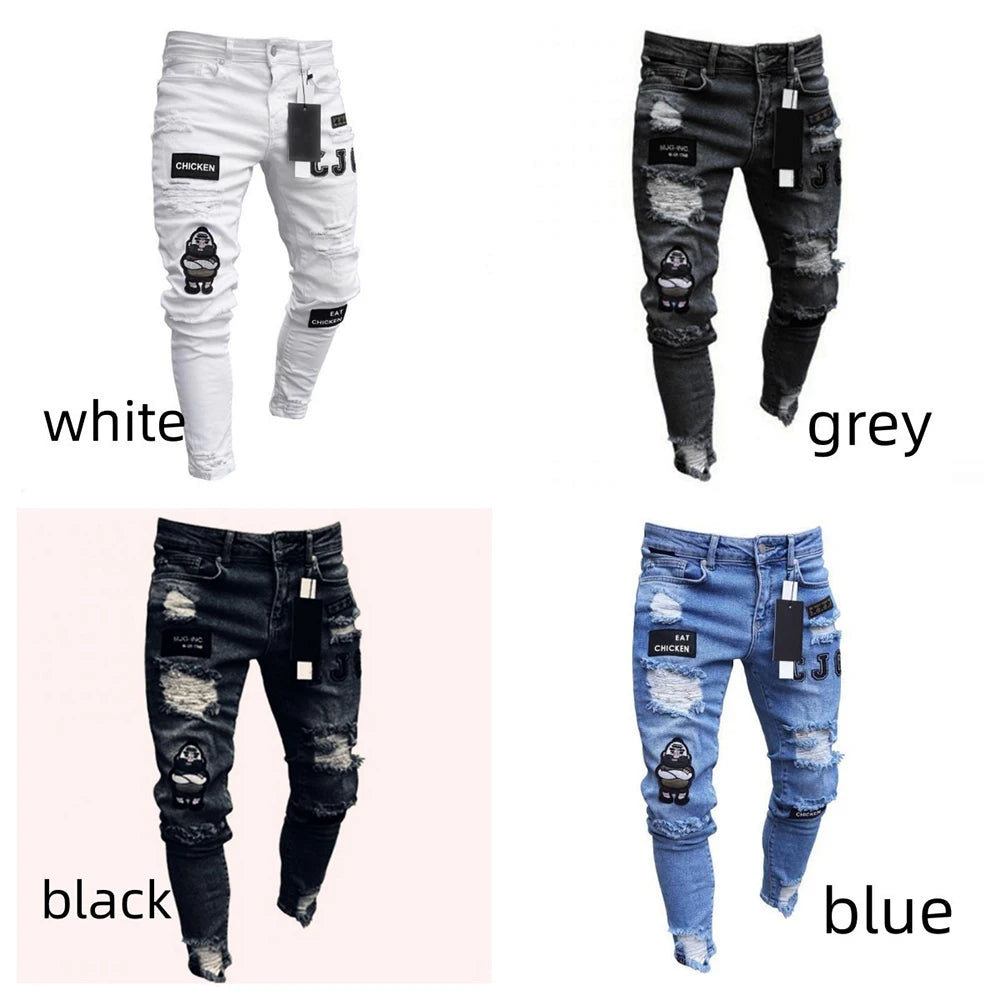 White Embroidery Skinny Ripped Jeans Men Cotton Stretchy Hole Slim Fit Hip Hop Denim Pants Casual Jeans for Men Jogging Trousers.