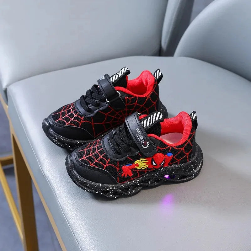 Disney LED Casual Sneakers Red Black For Spring Boys Spiderman Mesh Outdoor Shoes Children Lighted Non-slip Shoes Size 21-30.