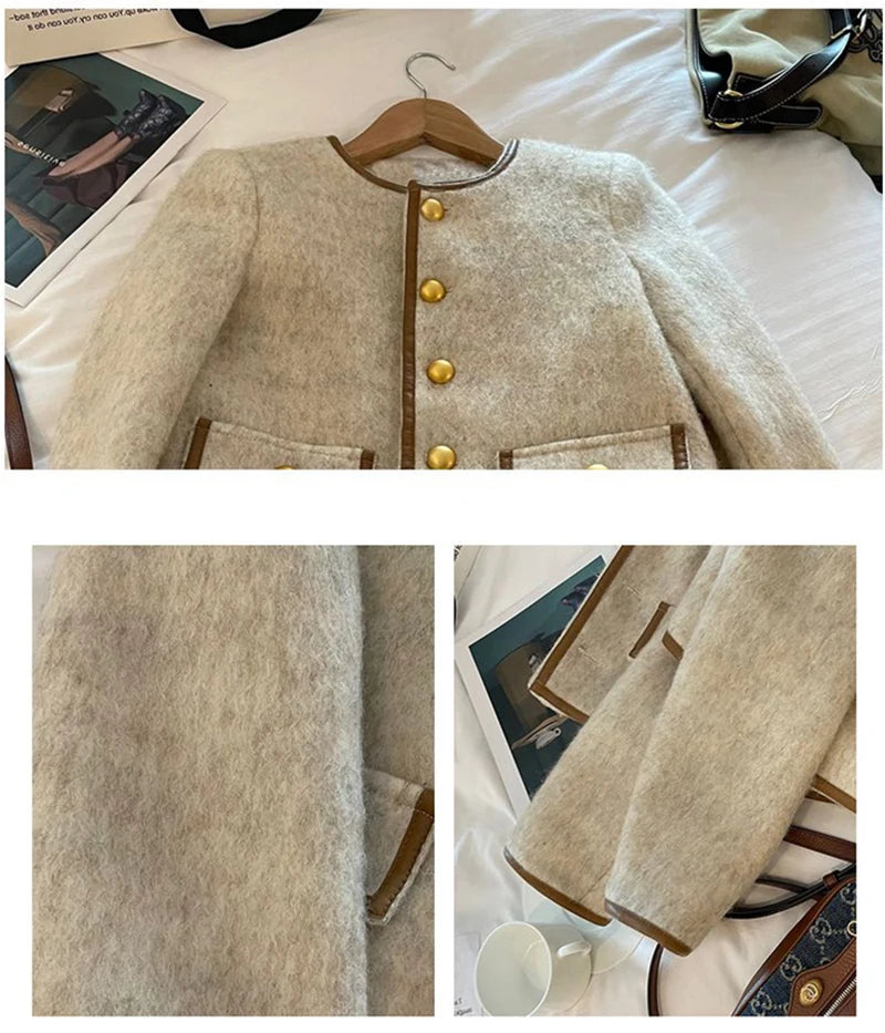 Vintage Cropped Tweed Jacket Women Thicken Quilted Blazer Korean Elegant Short Coat Winter Single Breasted Casual Outerwear Tops.