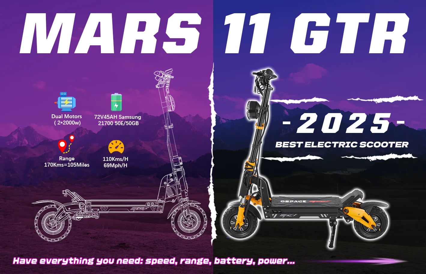 GSPACE MARS11 GTR Electric Scooter 2000*2W Motor 72V45Ah Battery Escooter  11 inch City tires E-Scooter.
