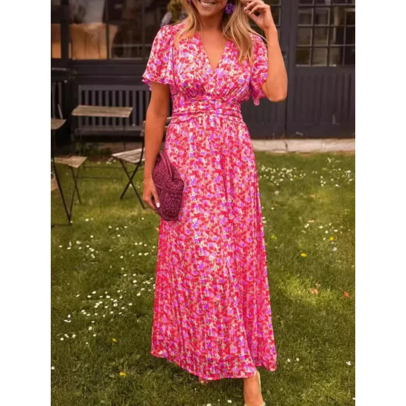 Shein 2024 Neues langes Damenkleid, elegantes bedrucktes, tailliertes Kleid mit V-Ausschnitt, modische Außenhandelskleidung.