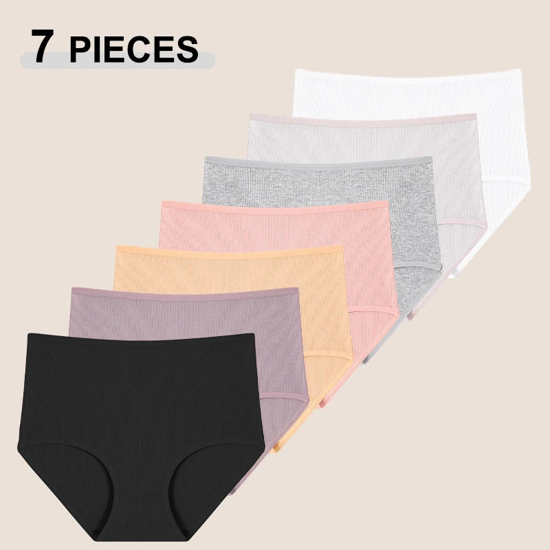 7Pcs Women's Cotton Panties Solid Color Plus Size Briefs Female Mid Waist High Elastic Underwear Cozy Breathable Lingerie S-2XL