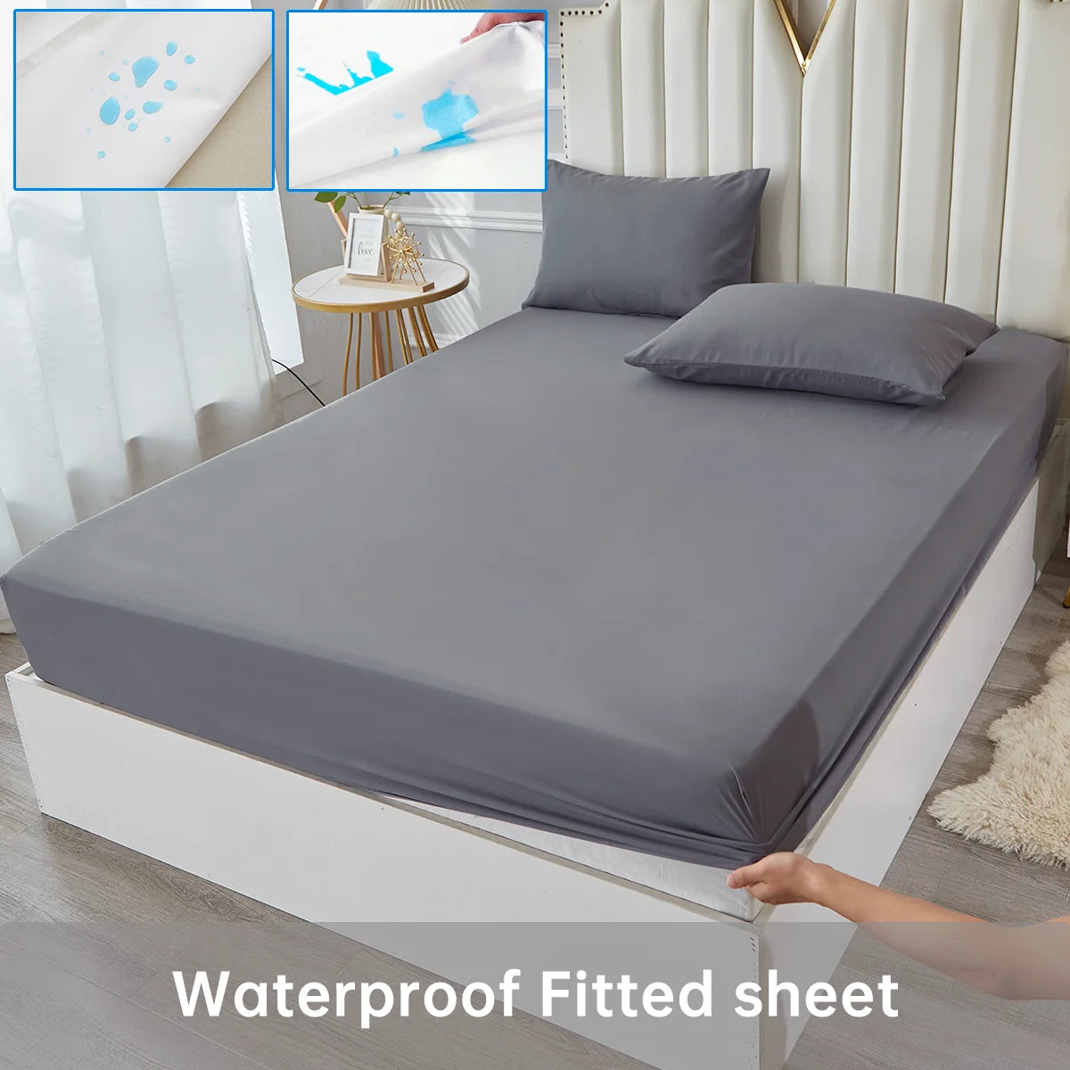 3/4pcs Solid Beding Set, Waterproof Fitted sheet & Bed Sheet & Pillowcases Soft, Queen, KIng, Full, Twin Size, White and Gray.
