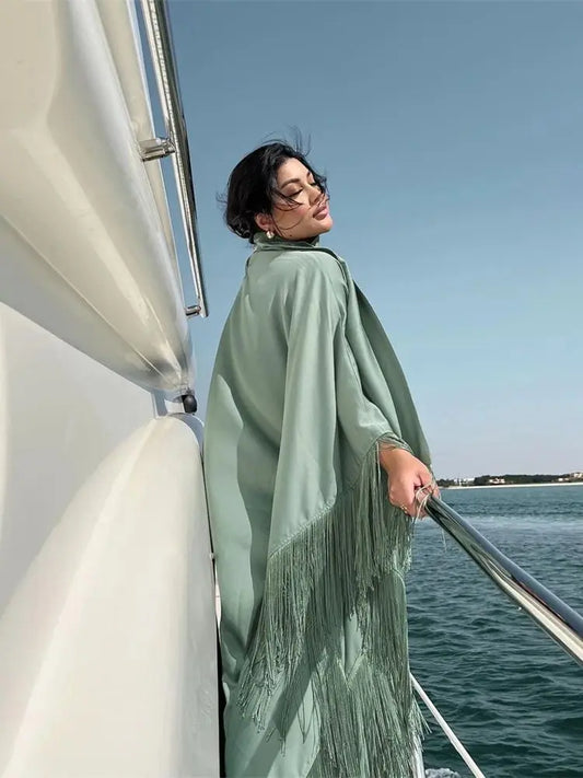 Eid Satin Luxury Green White Black Pink Khimar Tassel Butterfly Batwing Abaya For Women Islam Muslim Maxi Dress Kaftan Kebaya.