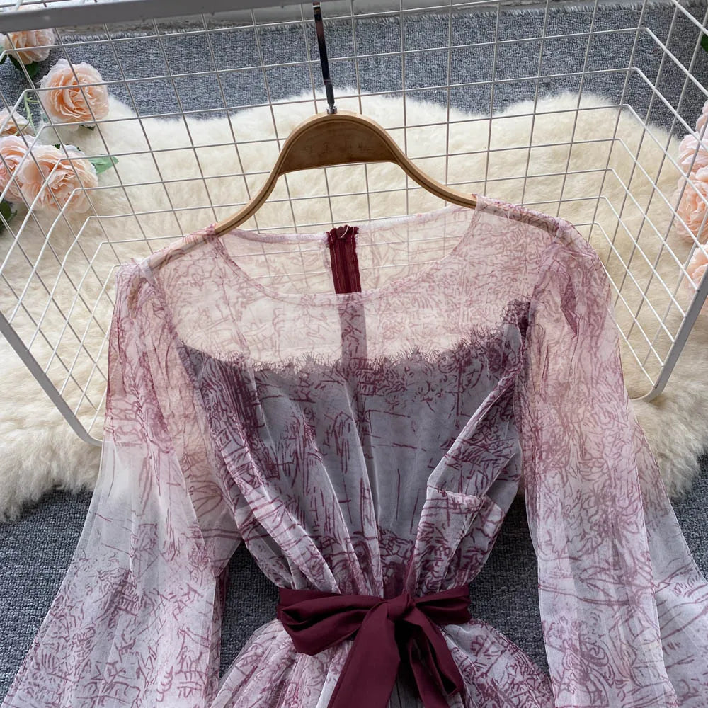 Elegante Frauen Mesh Kleid Vintage Laterne Ärmeln Gedruckt Party Kleider Frühling Sommer Patchwork A Line Bandage Strand Kleid