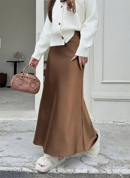 High Waist Women's Fleece-Lined Thickened Elegant Long Skirt Satin Mermaid Skirt Elegant Drapey Bodycon Skirt For Autumn Winter